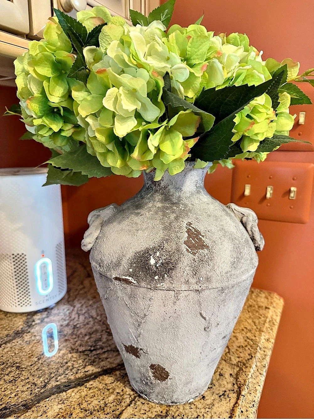 Gray Decorative Rustic Vase with Green Florals